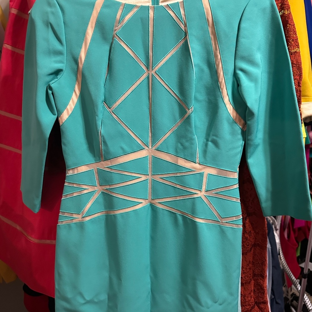 ANTONIO MELANI Turquoise and Cream Long Sleeve Dress